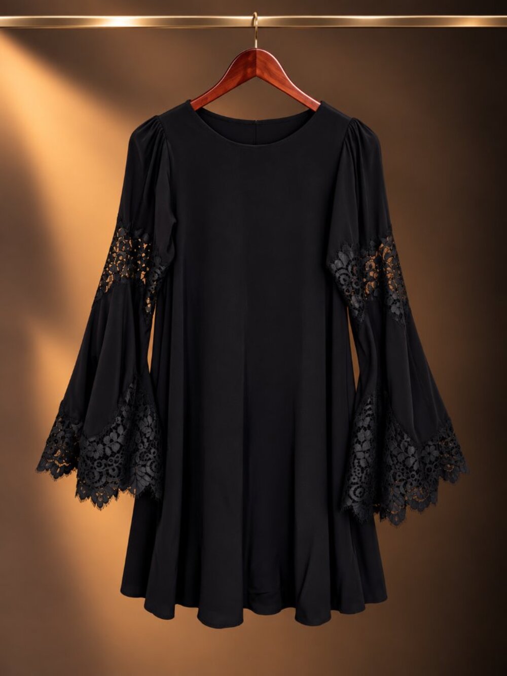 For Love & Lemons Black Shift Mini Dress Lace Inset Bell Sleeves Size XS